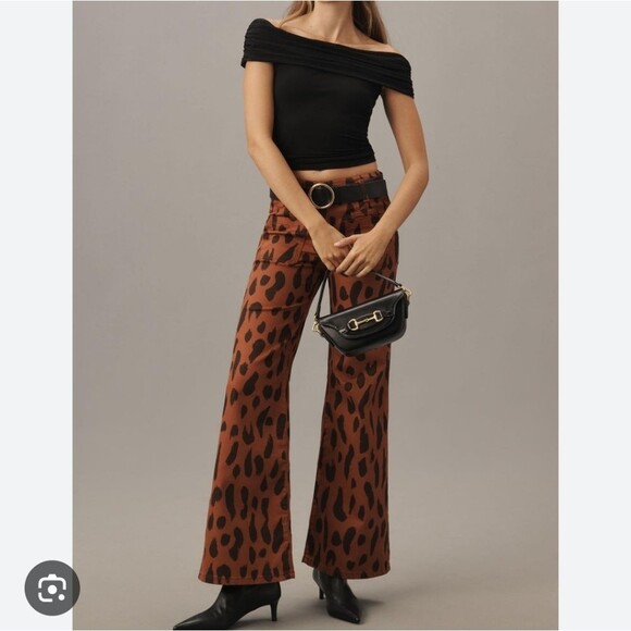 Maeve The Junie High-Rise Flare Stretchy Jeans Brown Motif Size 33 Animal Print - Picture 2 of 12